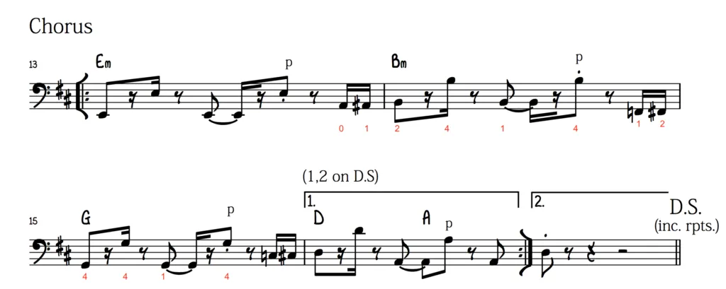 Dua Lipa Don’t Start Now chorus bass line transcription